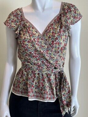 Max Studio Red Floral Wrap Peplum Blouse